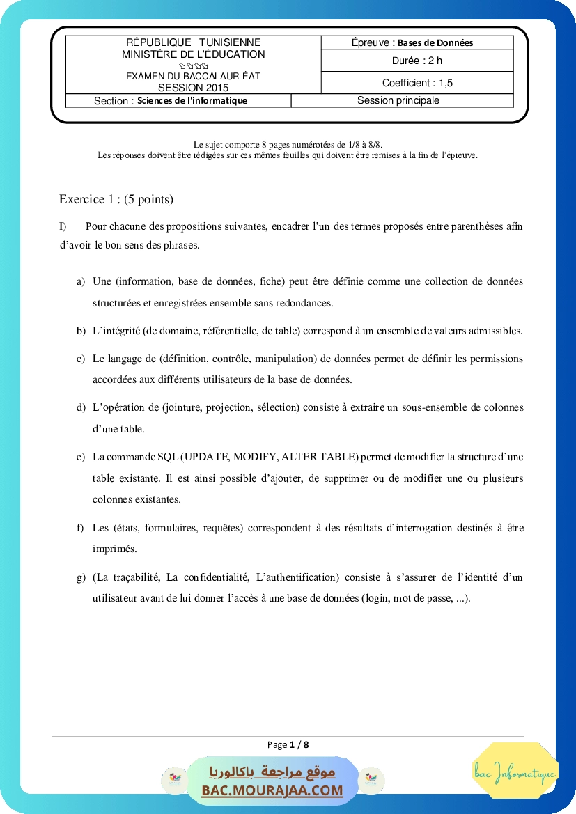 Sujet principale bd Bac 2015 – Section info